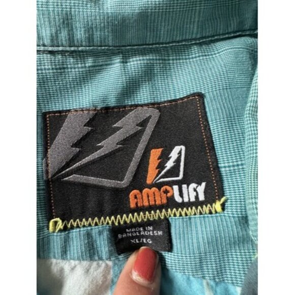 Amplify Mens Blue Gray Color Block Short Sleeve Button Down Size XL Pocket - Picture 9 of 16